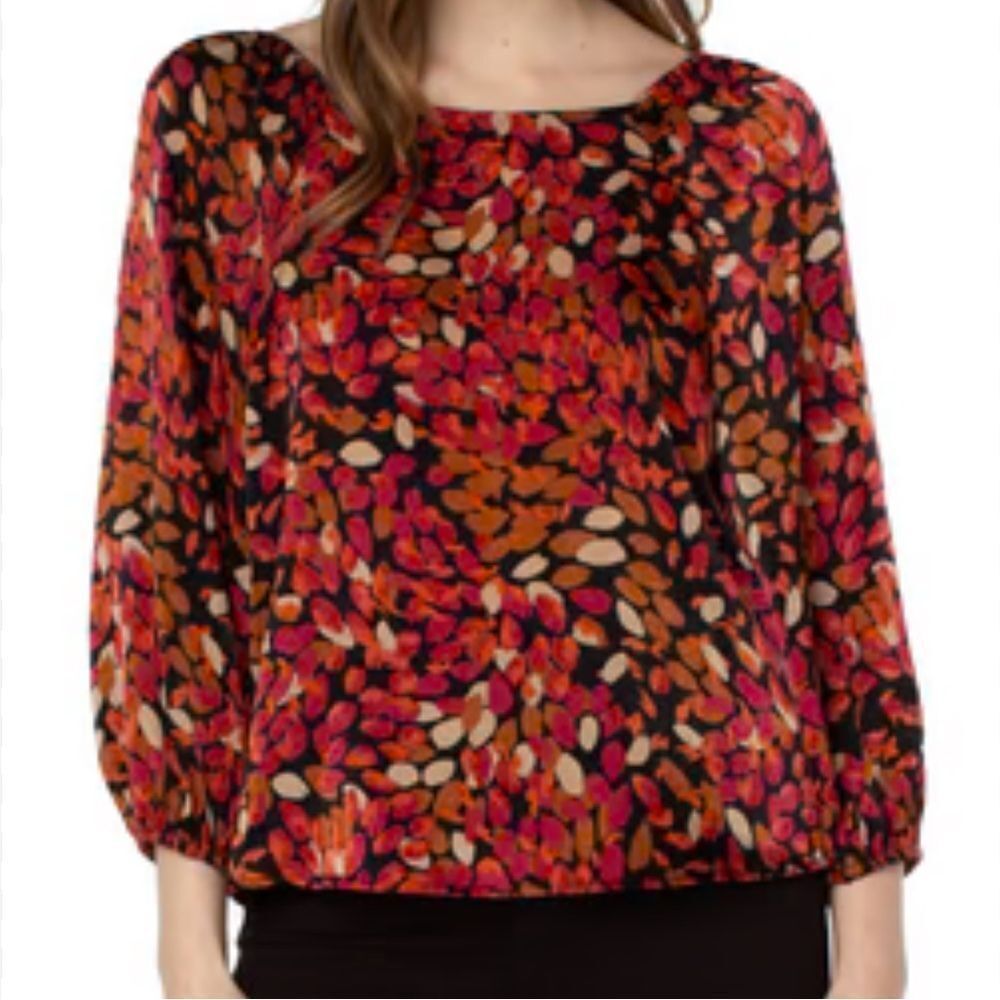 LIVERPOOL 3/4 PUFF SLEEVE SQUARE NECK TOP SIZE XS AUTUMN PETALS NWT‎